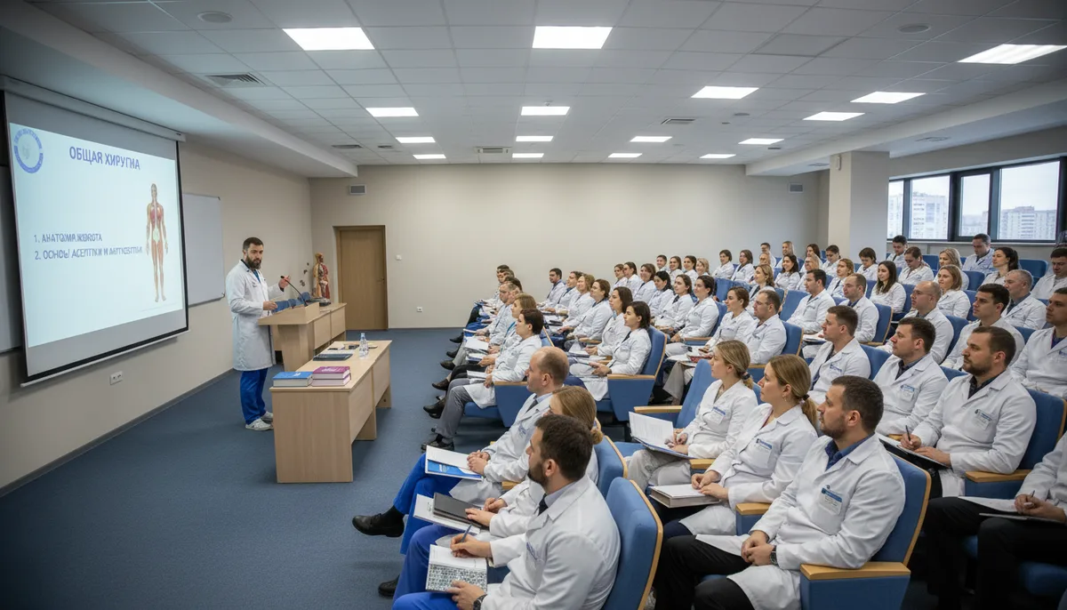 медицинская аудитория, врачи в белых халатах, проекционный экран, учебные материалы
