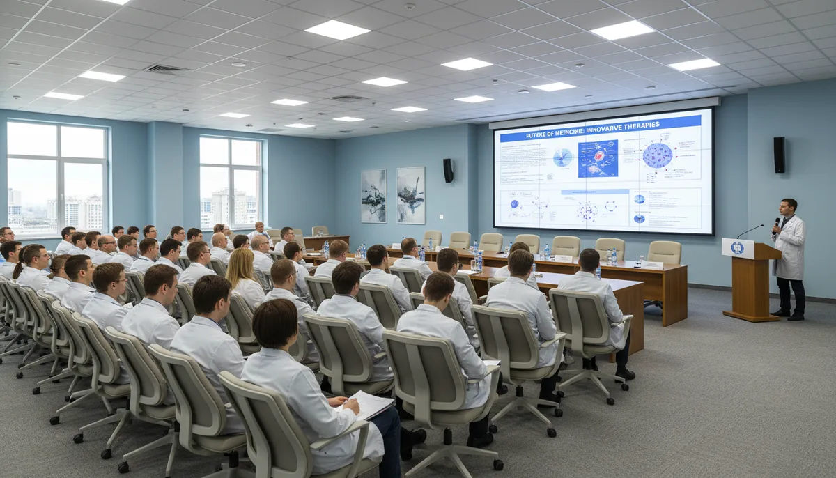 Конференц-зал медицинского учреждения с презентацией на экране и слушателями в белых халатах