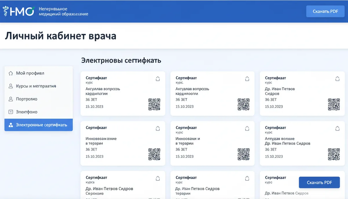Экран портала непрерывного медицинского образования, личный кабинет врача, электронные сертификаты